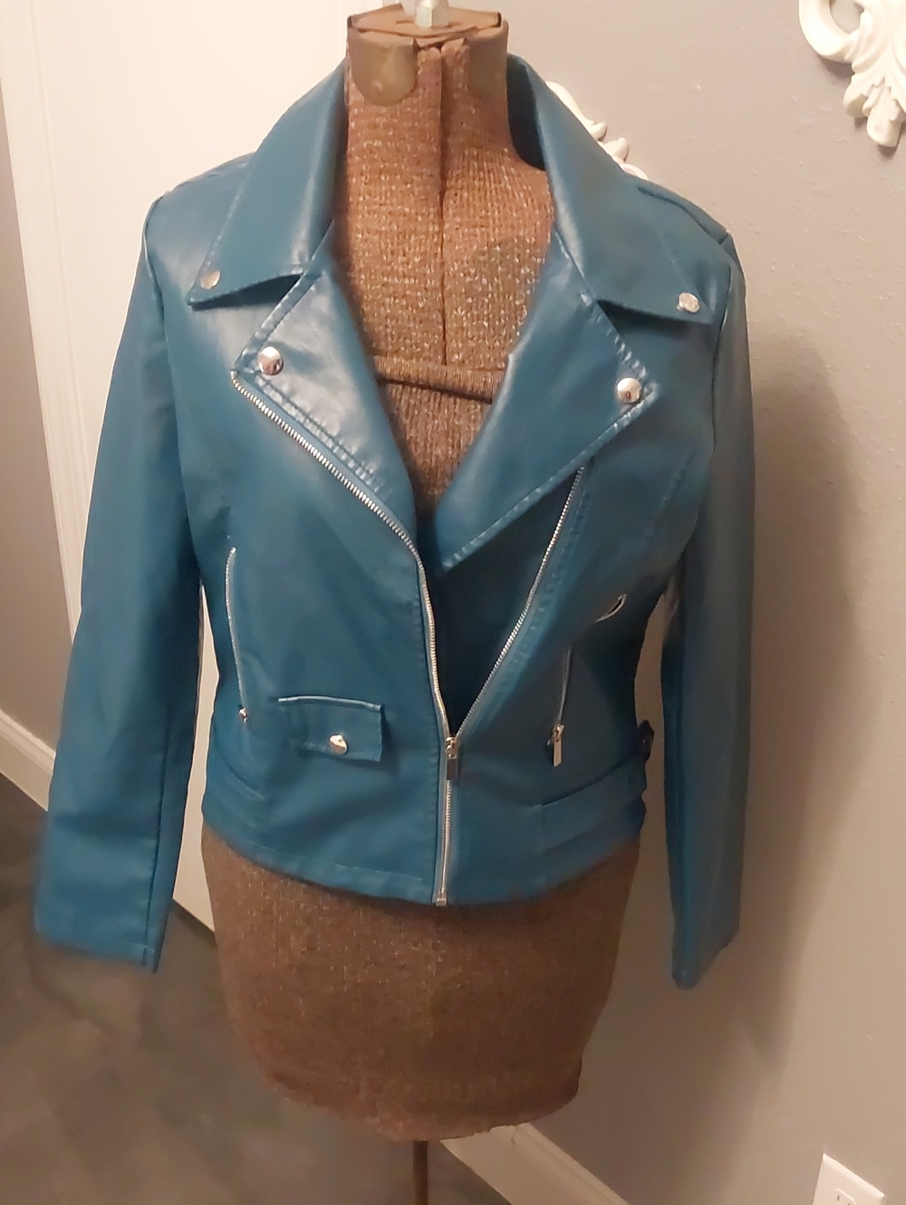 Teal Faux Leather Moto Jacket - Women's Classic Biker Style